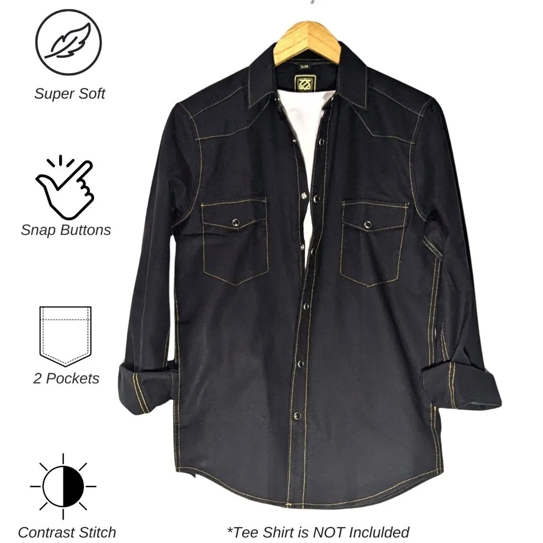 Men's Black Colour Western Shirt in Twill Cotton with Western Yoke