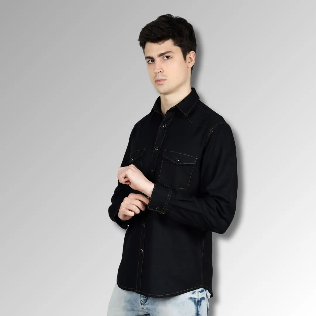 Men's Black Colour Western Shirt in Twill Cotton with Western Yoke