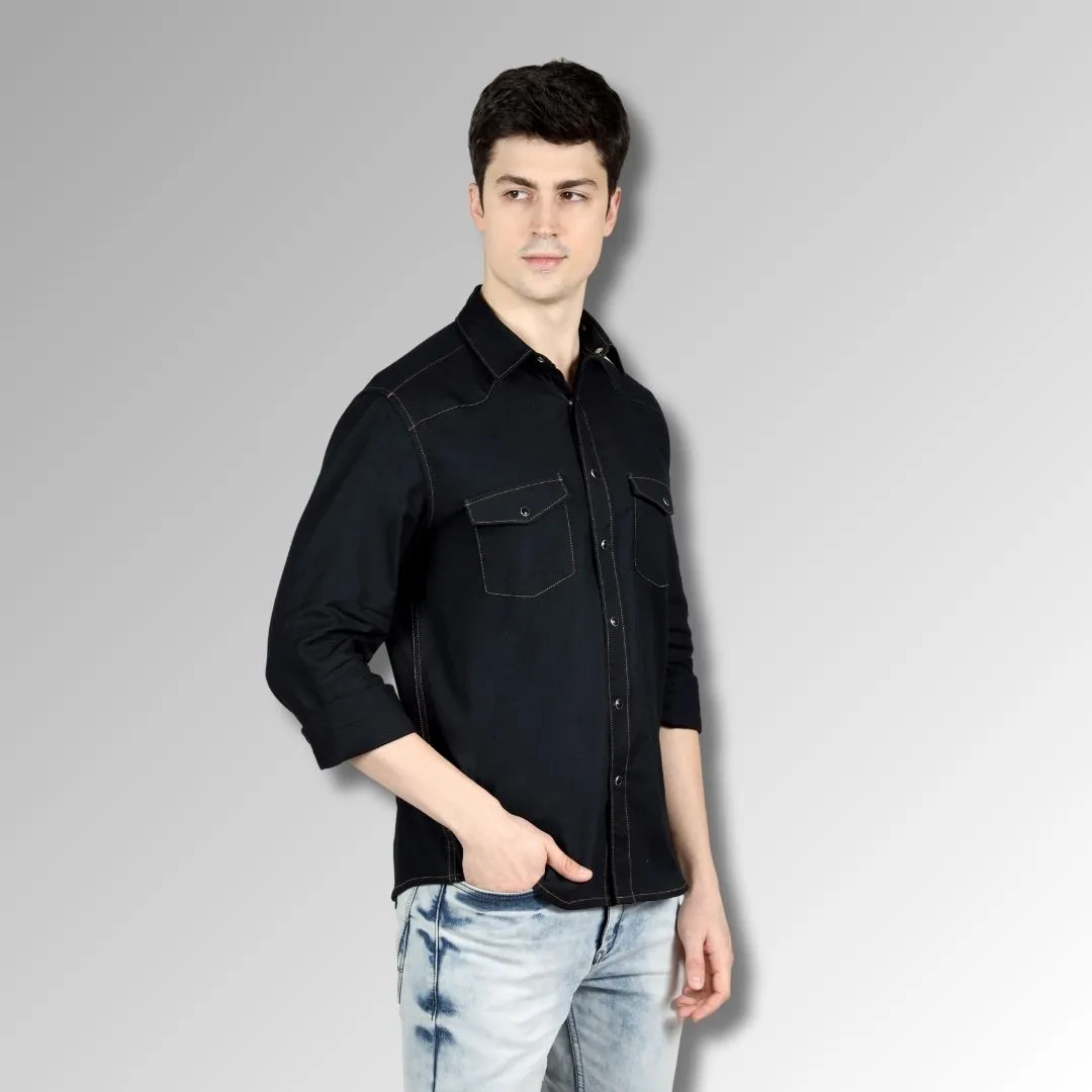 Men's Black Colour Western Shirt in Twill Cotton with Western Yoke