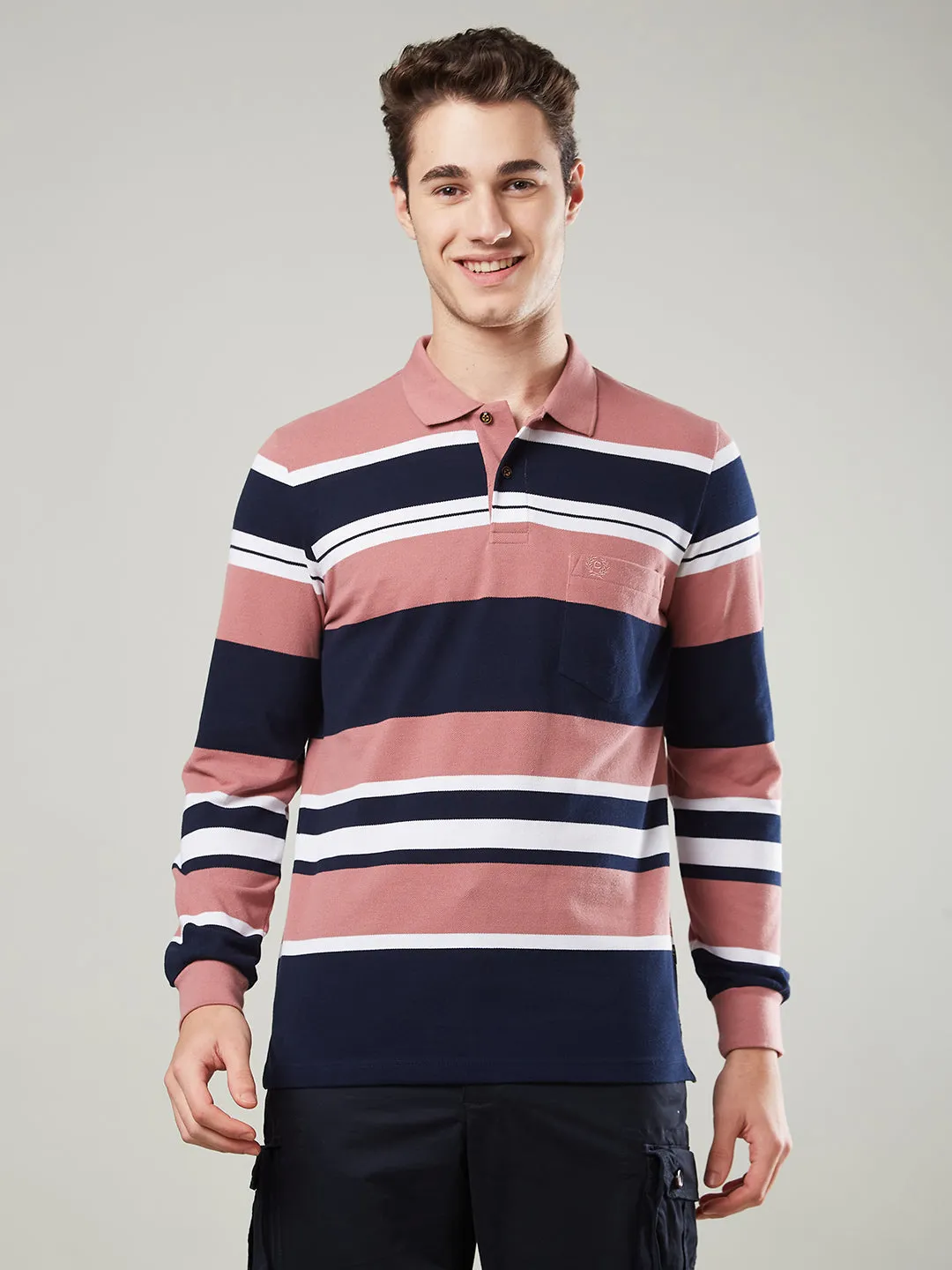 Men's Long-Sleeve Piqué Polo Shirt with Striped Design