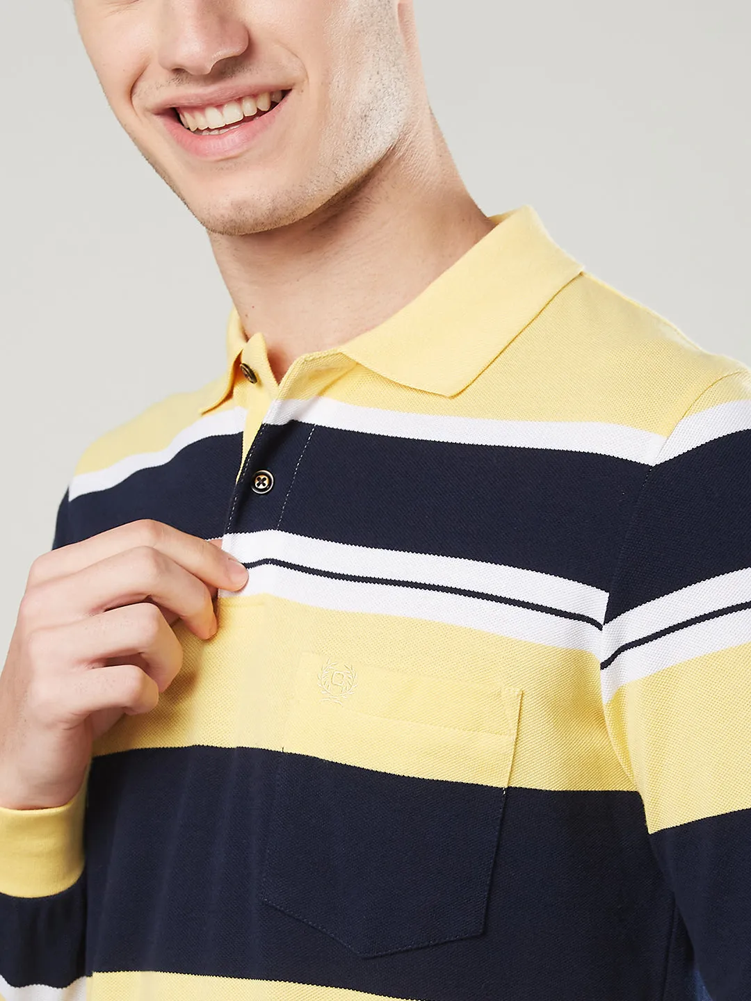 Men's Long-Sleeve Piqué Polo Shirt with Striped Design
