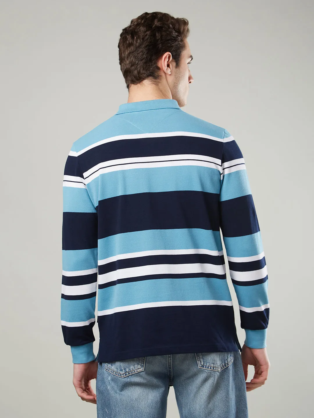 Men's Long-Sleeve Piqué Polo Shirt with Striped Design
