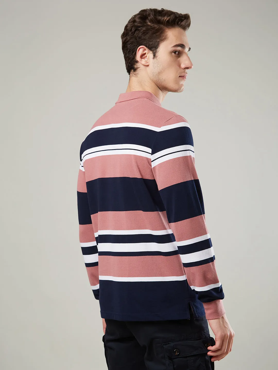 Men's Long-Sleeve Piqué Polo Shirt with Striped Design
