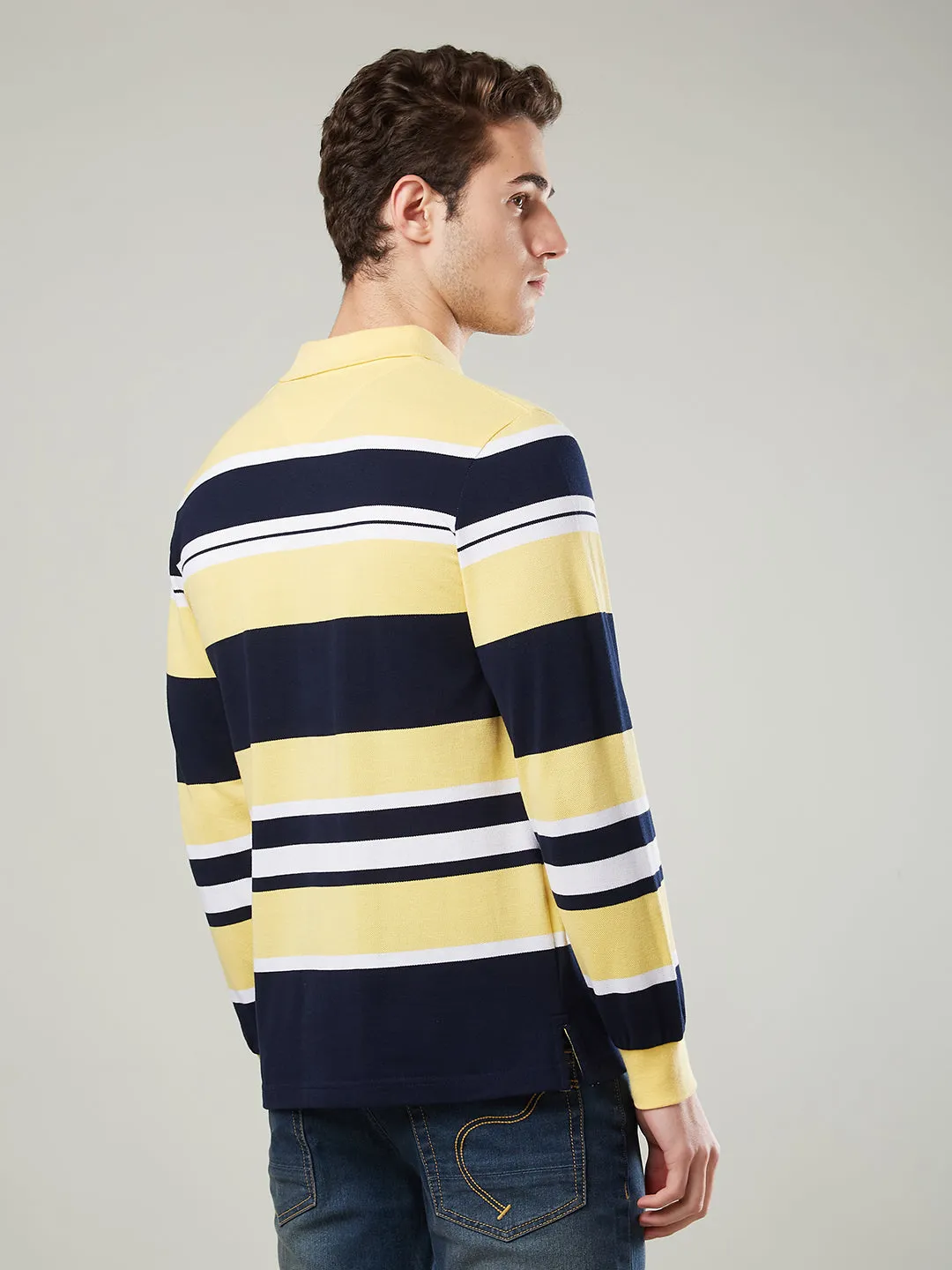 Men's Long-Sleeve Piqué Polo Shirt with Striped Design