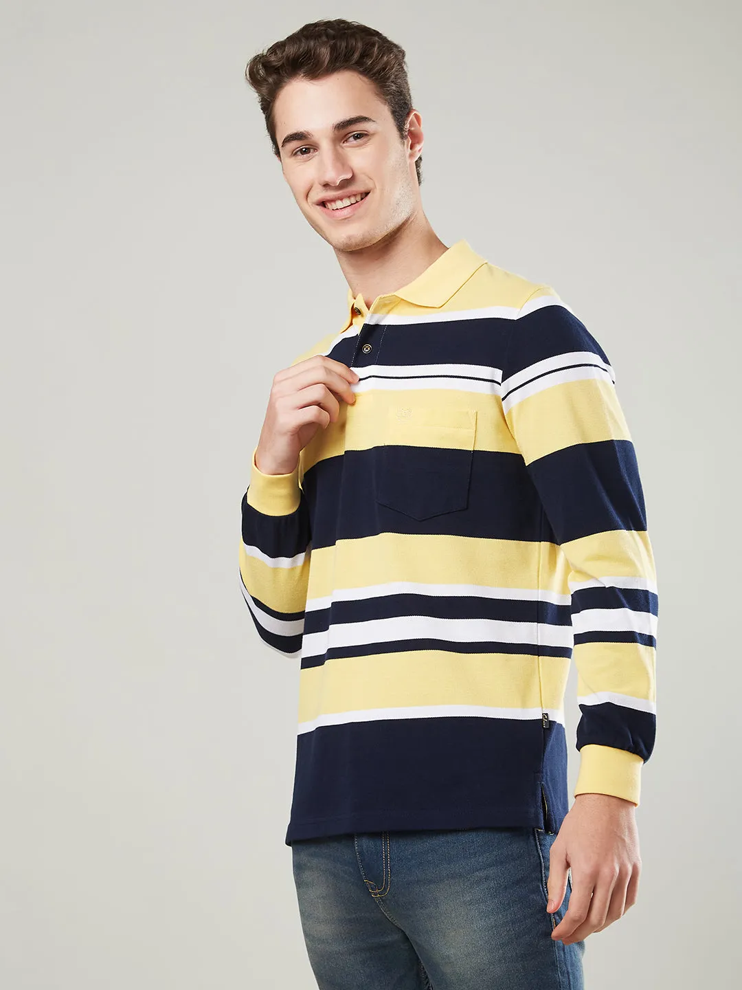 Men's Long-Sleeve Piqué Polo Shirt with Striped Design