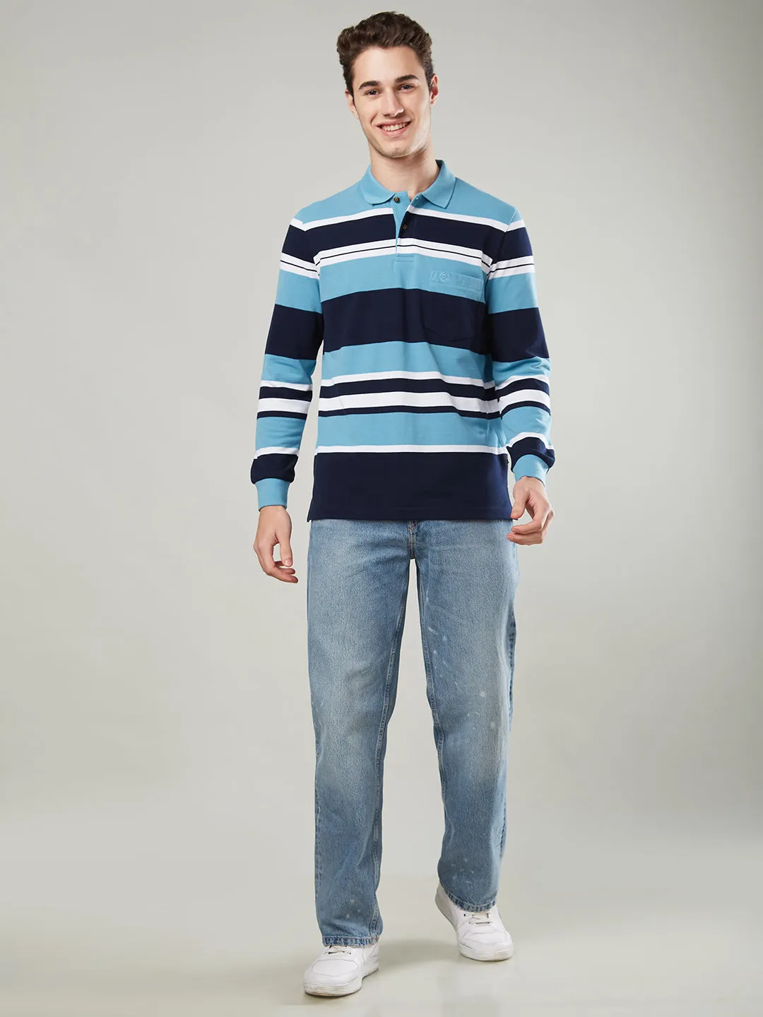 Men's Long-Sleeve Piqué Polo Shirt with Striped Design