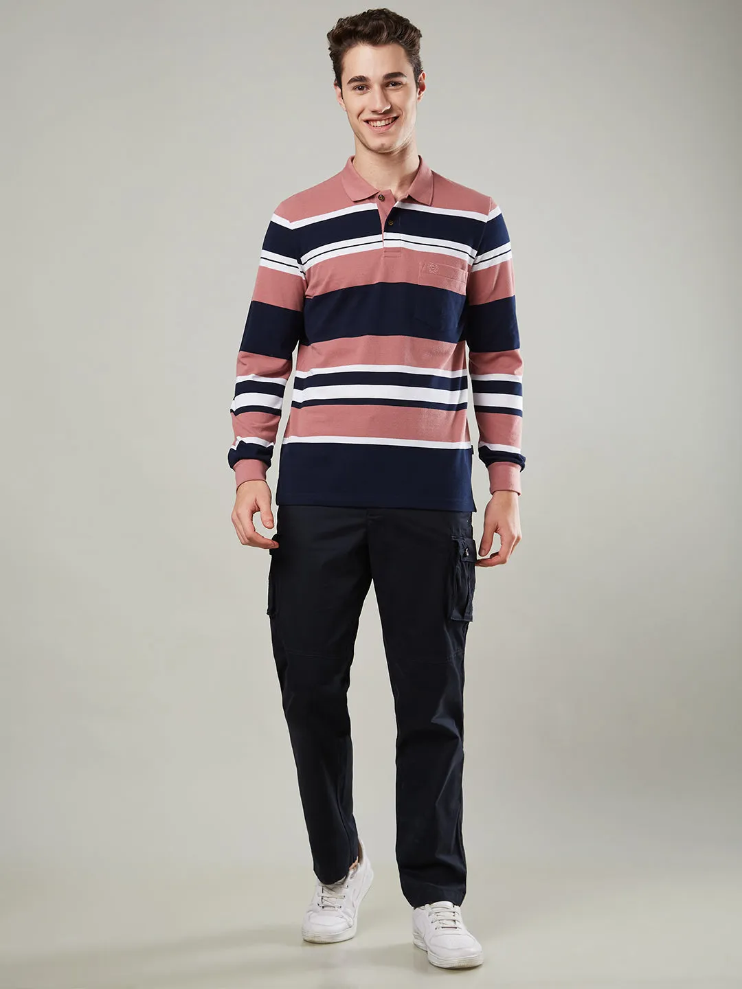 Men's Long-Sleeve Piqué Polo Shirt with Striped Design