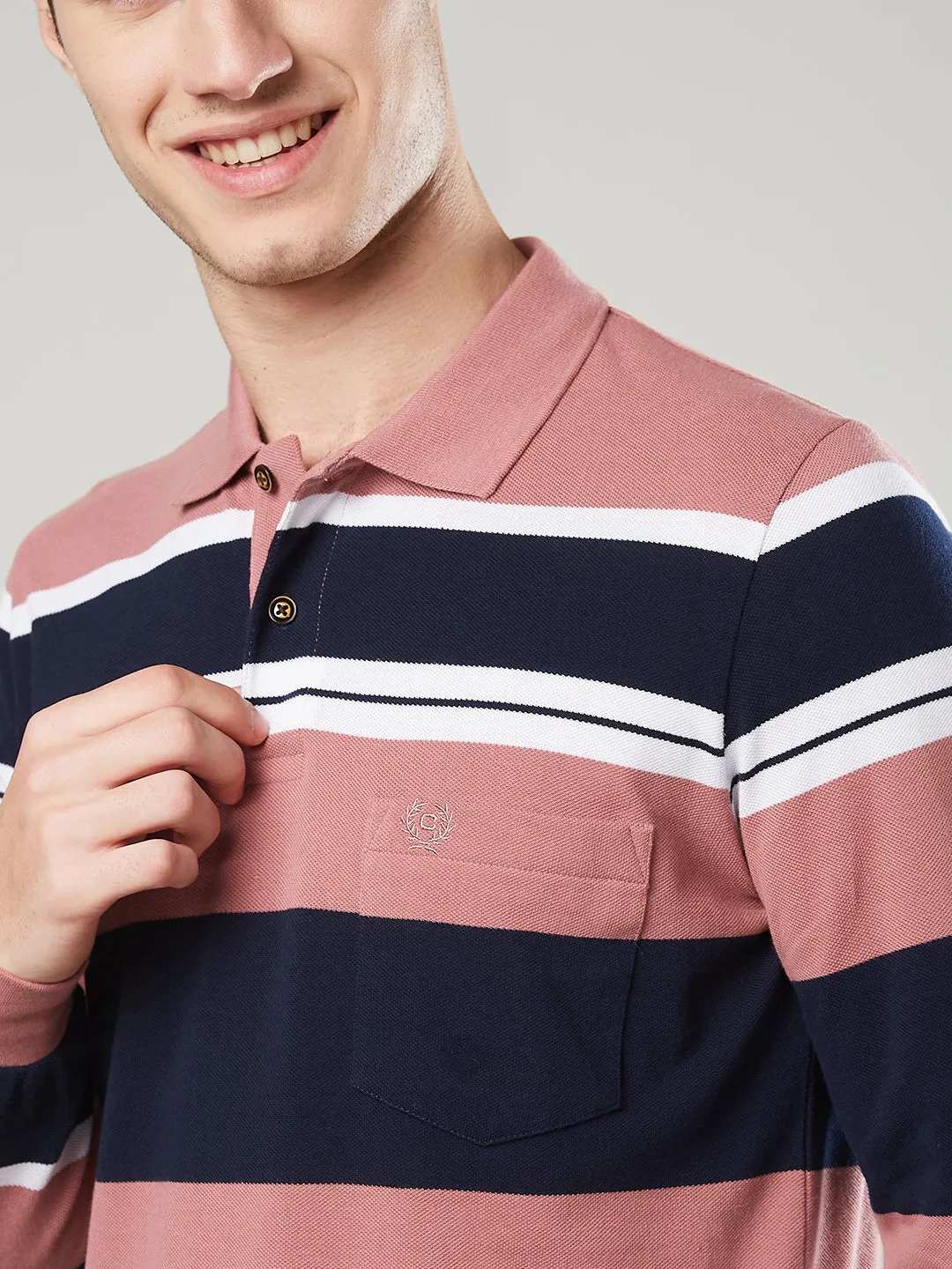 Men's Long-Sleeve Piqué Polo Shirt with Striped Design