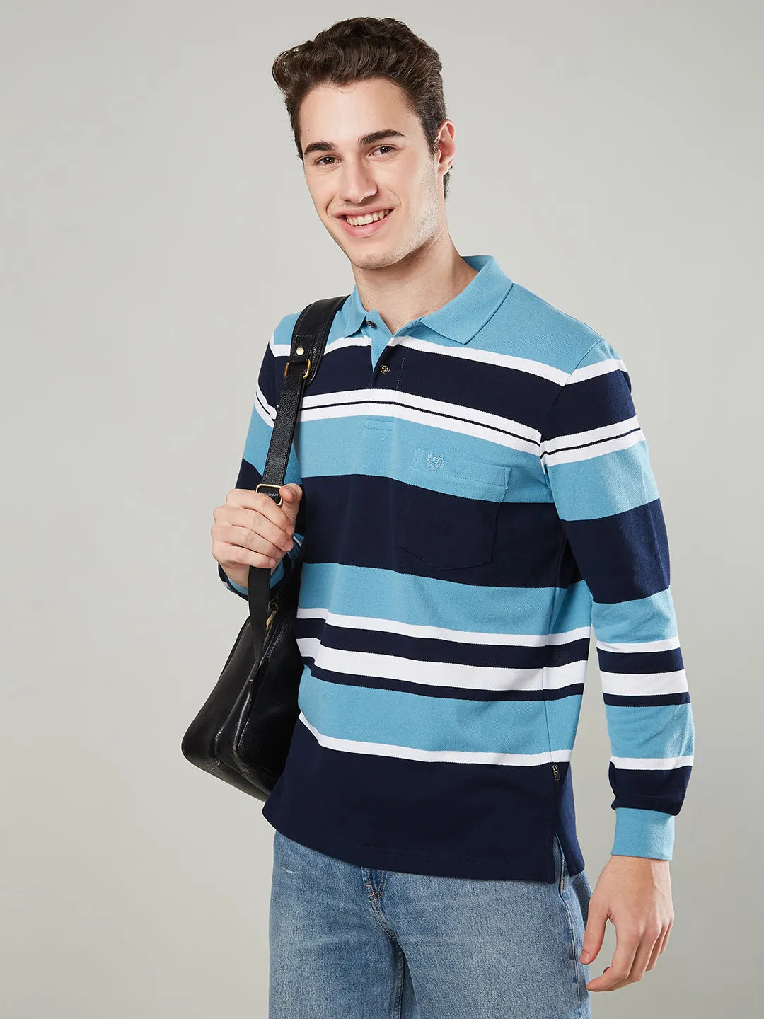 Men's Long-Sleeve Piqué Polo Shirt with Striped Design
