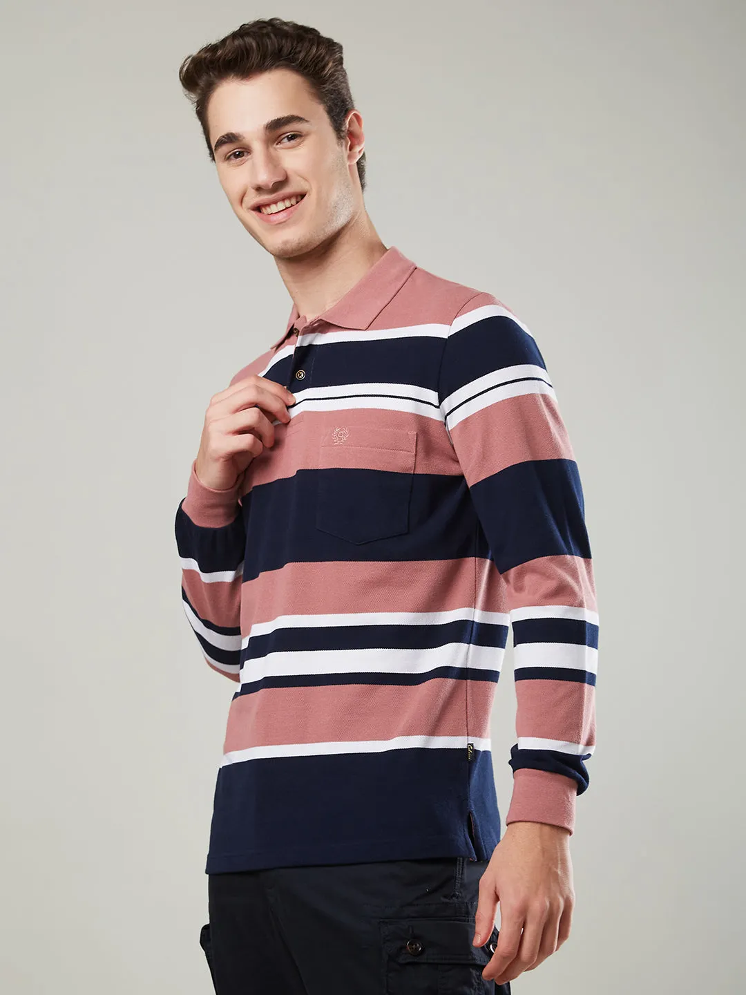 Men's Long-Sleeve Piqué Polo Shirt with Striped Design