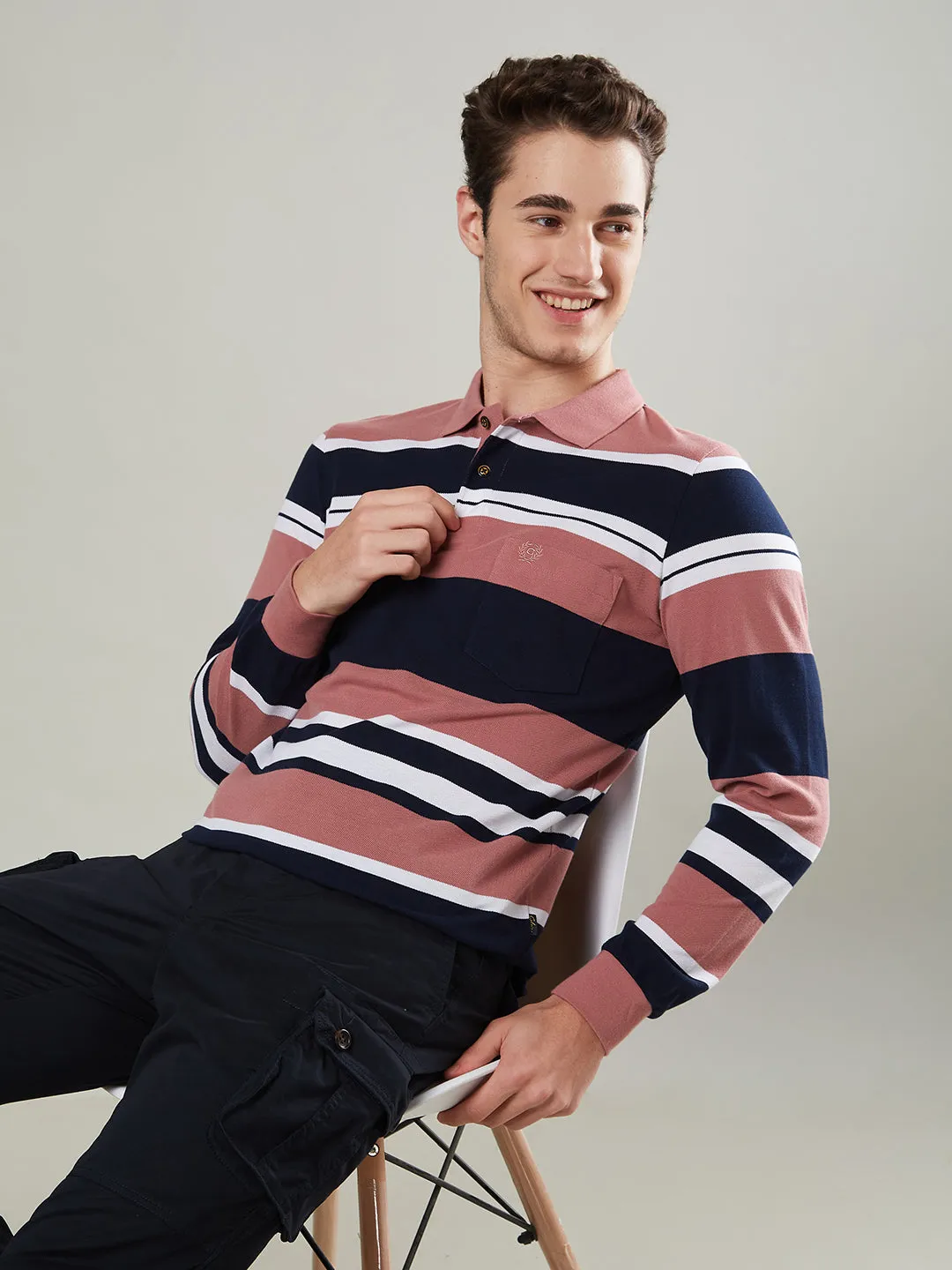 Men's Long-Sleeve Piqué Polo Shirt with Striped Design