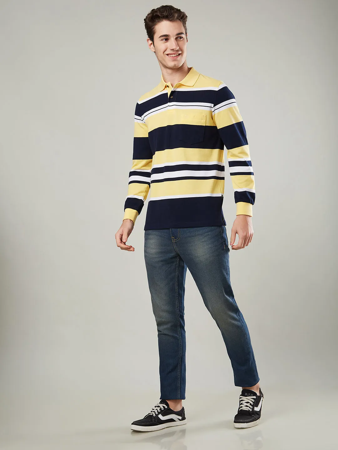 Men's Long-Sleeve Piqué Polo Shirt with Striped Design