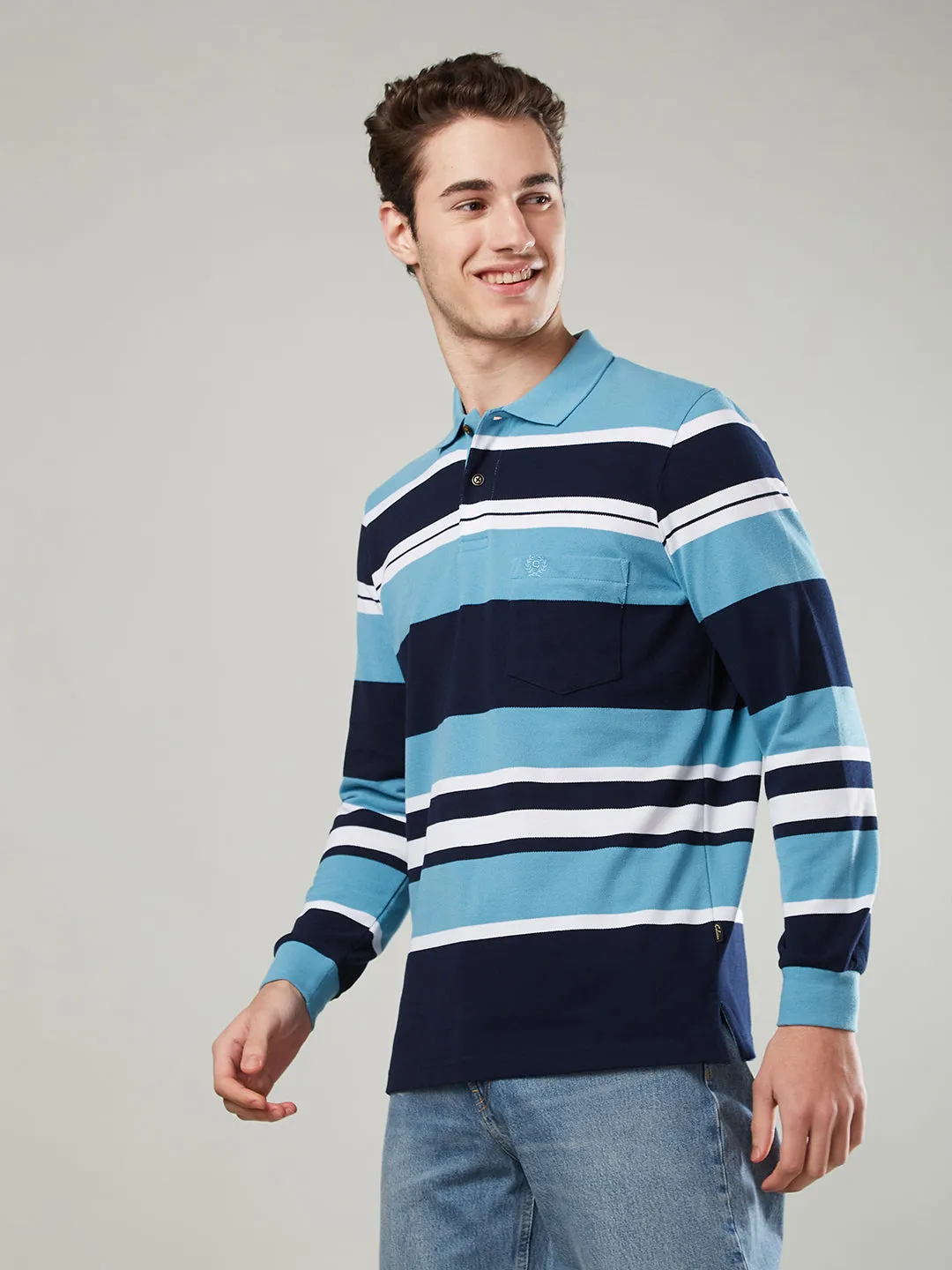 Men's Long-Sleeve Piqué Polo Shirt with Striped Design