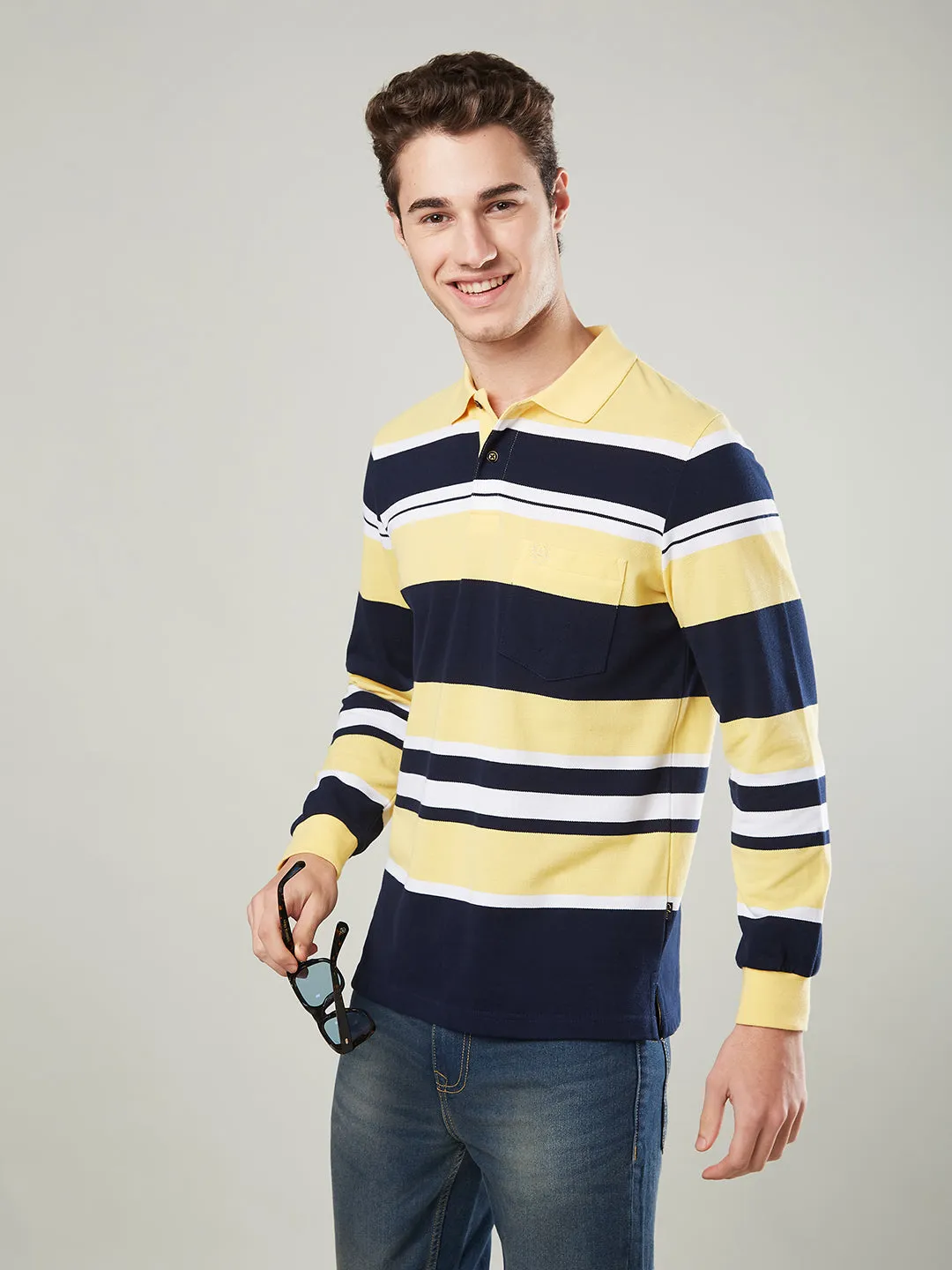 Men's Long-Sleeve Piqué Polo Shirt with Striped Design
