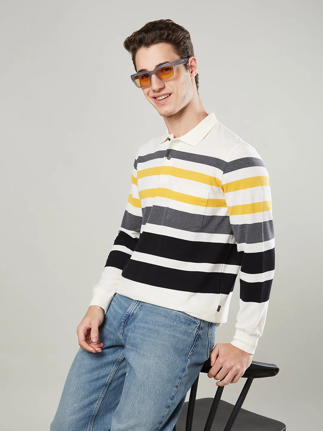 Men's Long-Sleeve Polo Shirt in Striped Piqué Knit (Copy)