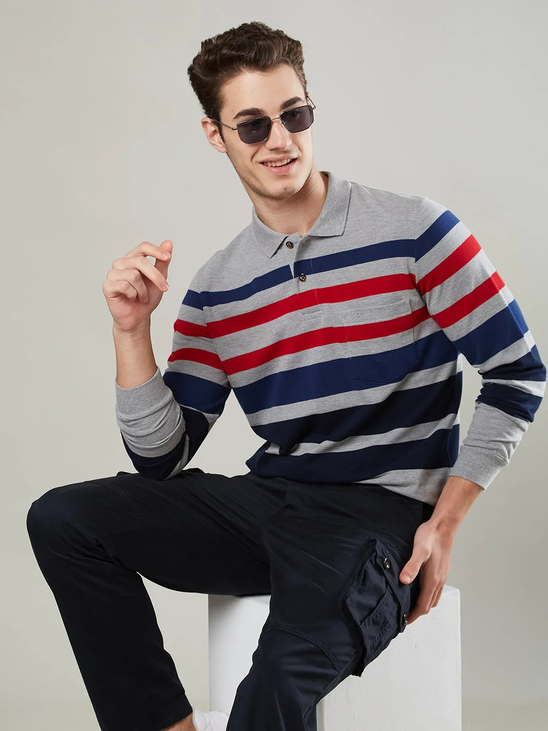 Men's Long-Sleeve Polo Shirt in Striped Piqué Knit (Copy)