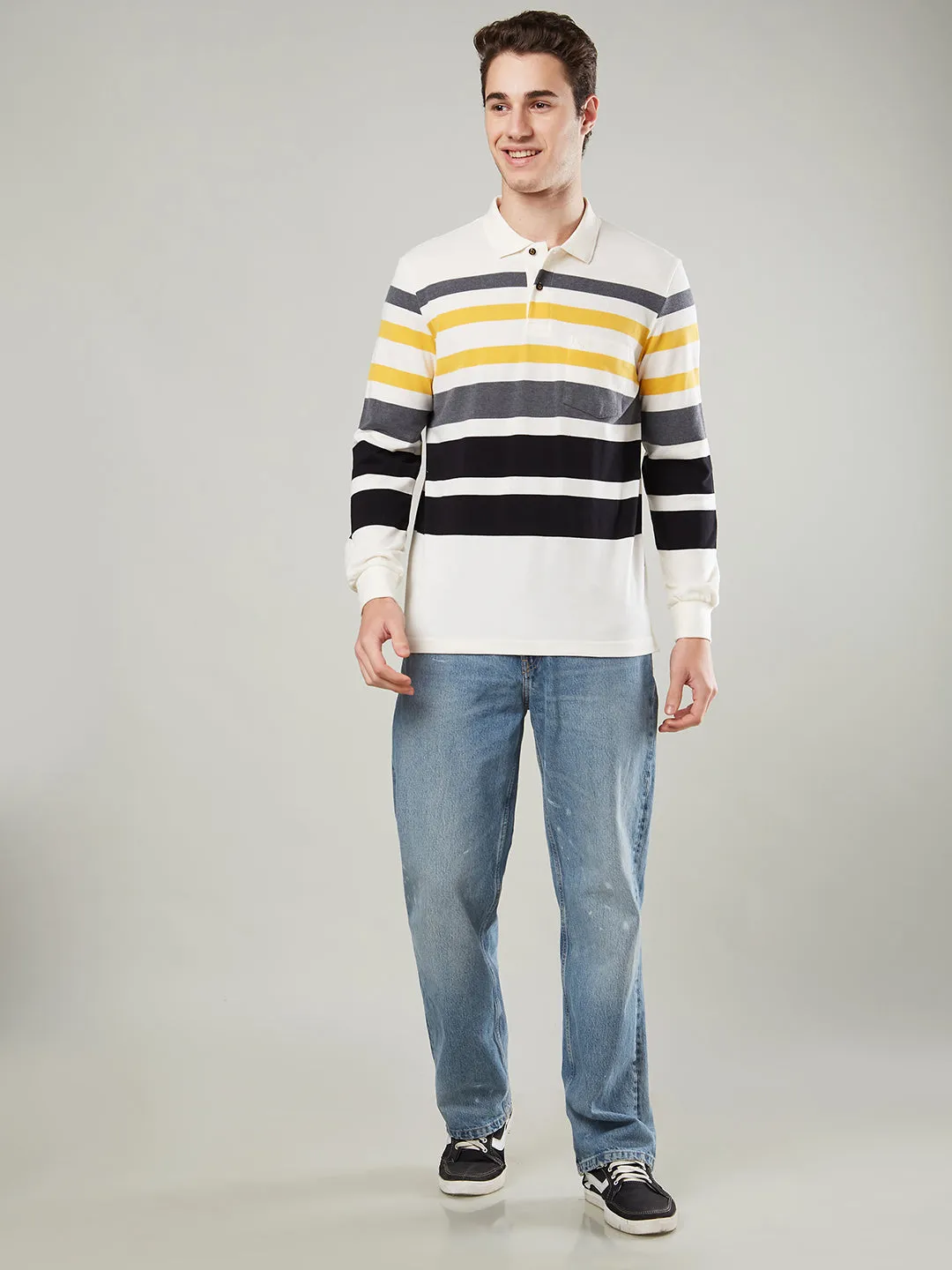 Men's Long-Sleeve Polo Shirt in Striped Piqué Knit (Copy)