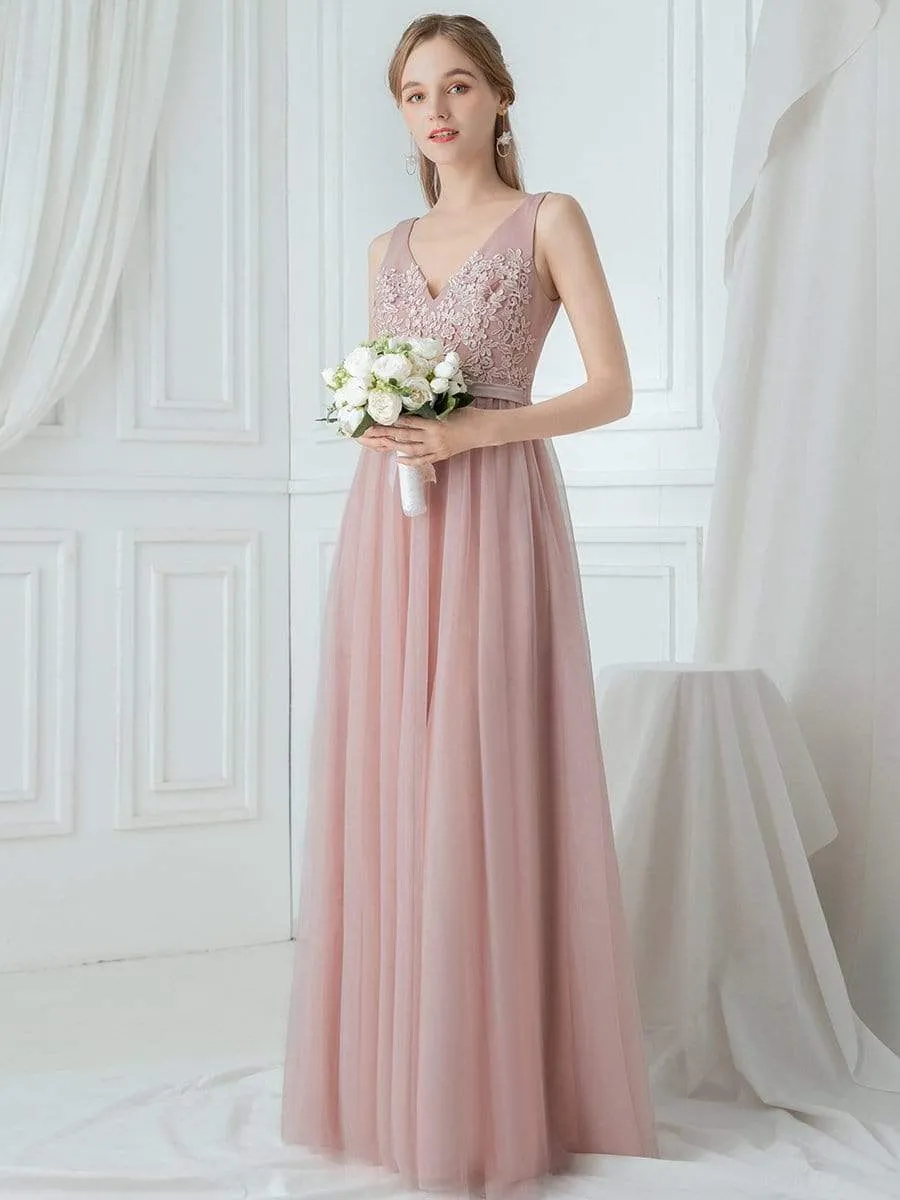 V-Neck Maxi Long Embroidery Appliqued Tulle Bridesmaid Dress