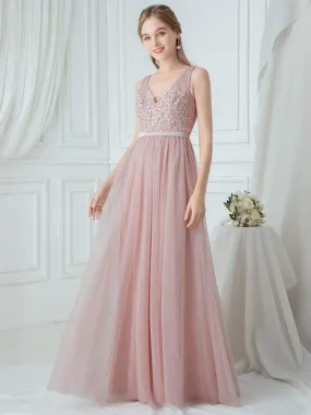 V-Neck Maxi Long Embroidery Appliqued Tulle Bridesmaid Dress
