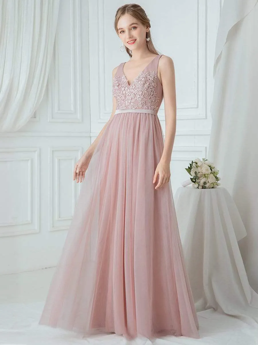 V-Neck Maxi Long Embroidery Appliqued Tulle Bridesmaid Dress