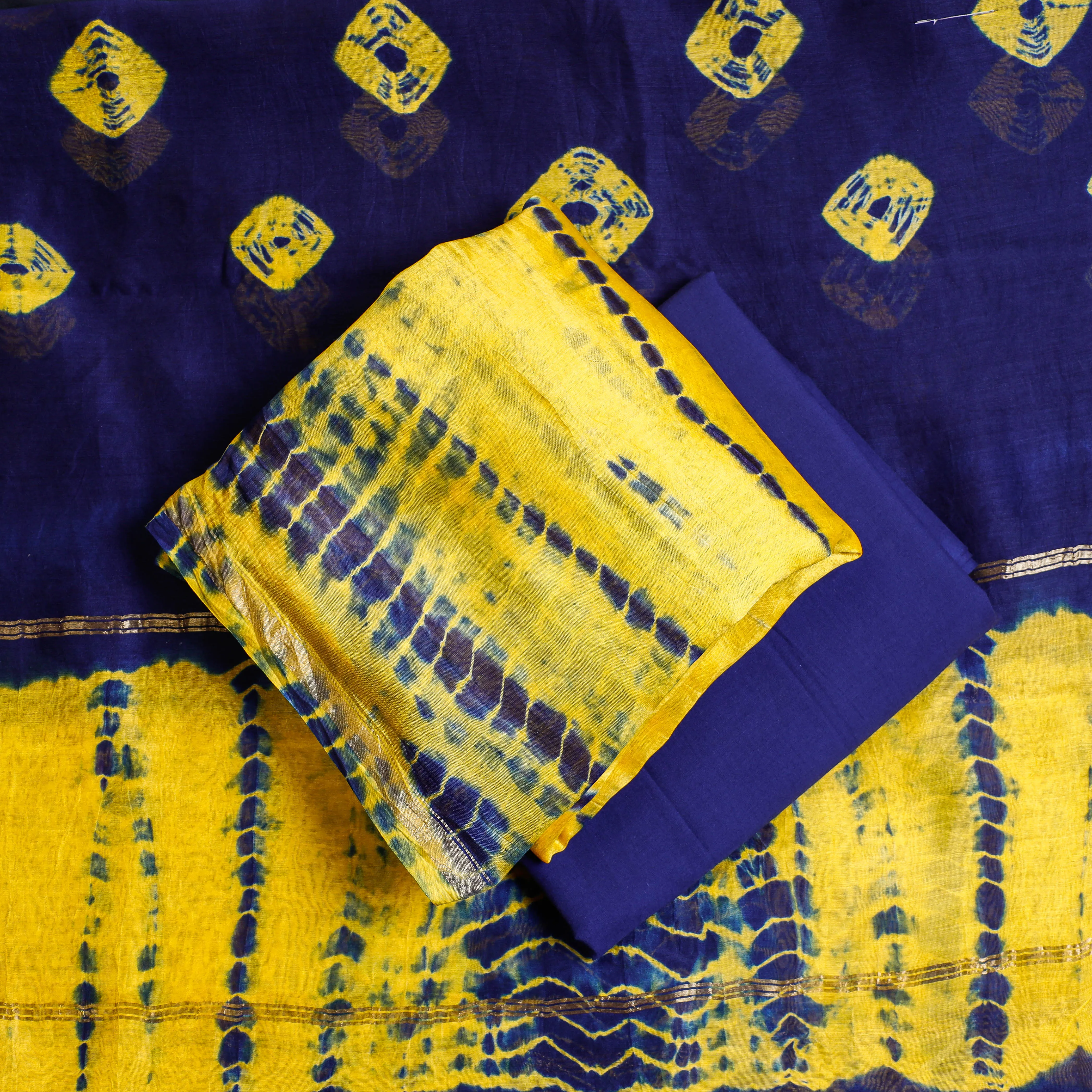 Yellow - 3pc Shibori Tie-Dye Chanderi Silk Suit Material Set