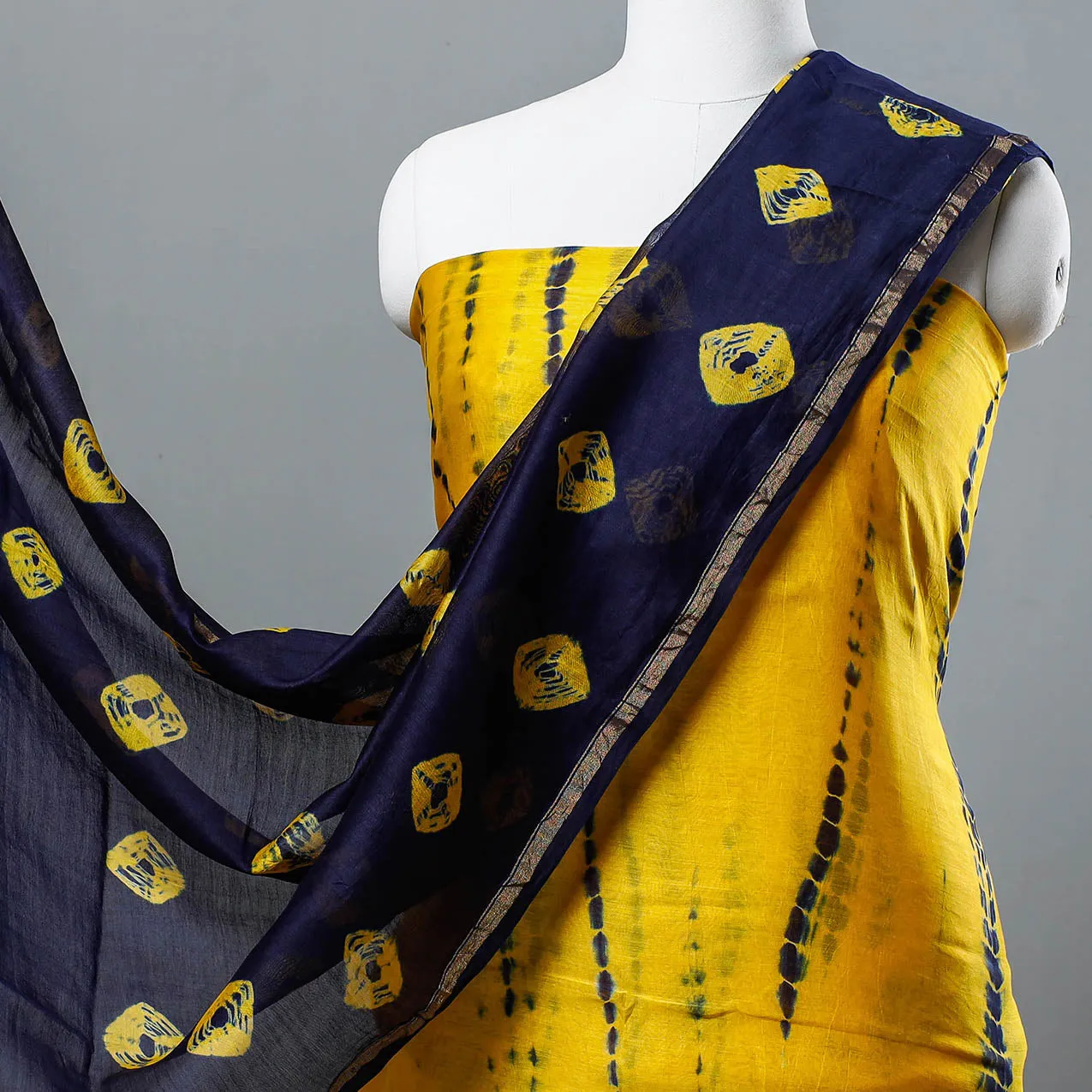 Yellow - 3pc Shibori Tie-Dye Chanderi Silk Suit Material Set