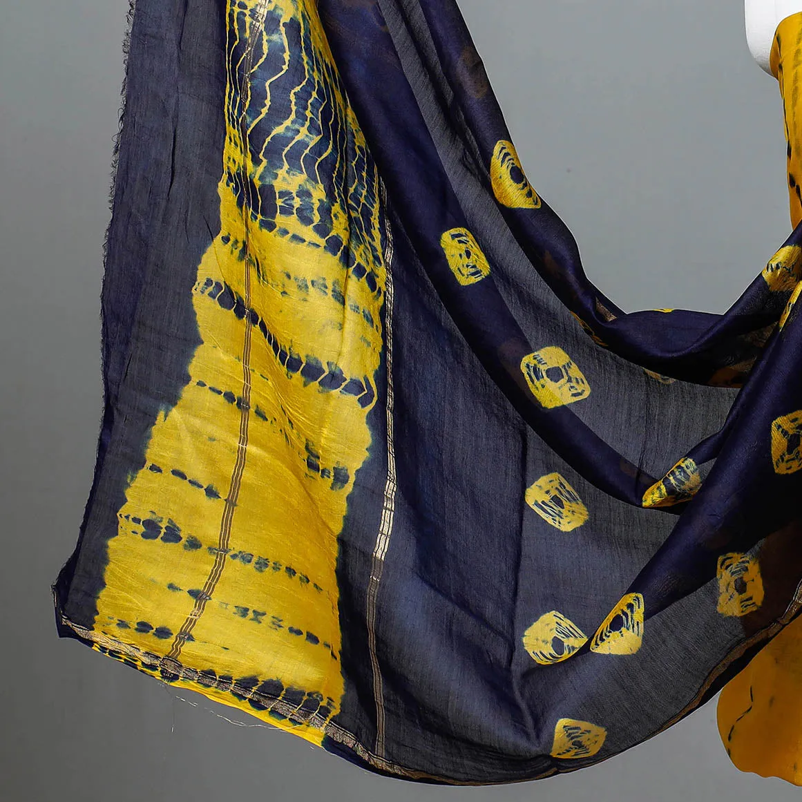 Yellow - 3pc Shibori Tie-Dye Chanderi Silk Suit Material Set